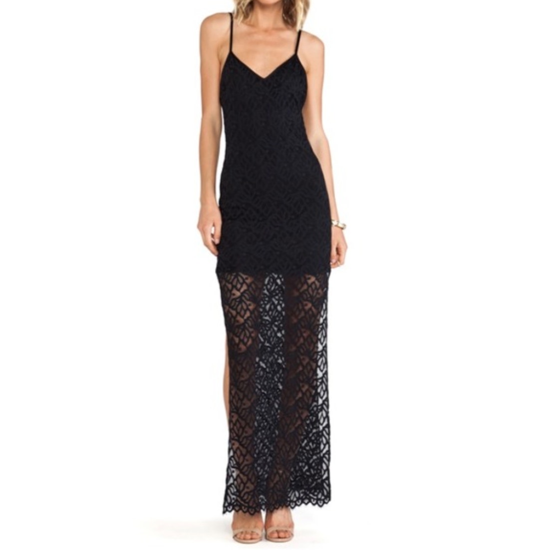 For Love And Lemons | Mi Amore Black Lace Maxi Dress Gown With Leg Slits | Small